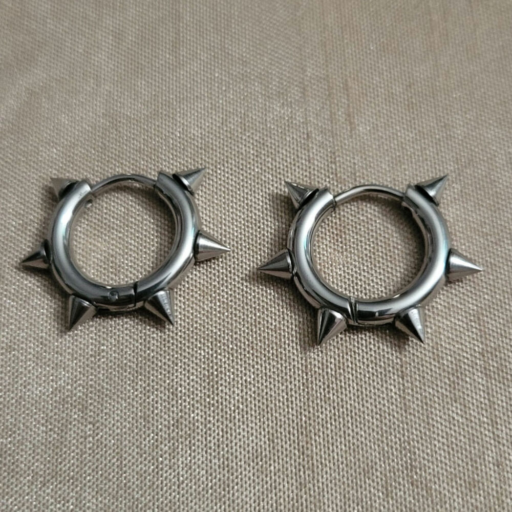Men's silver stainless steel spiked mini hoop earrings